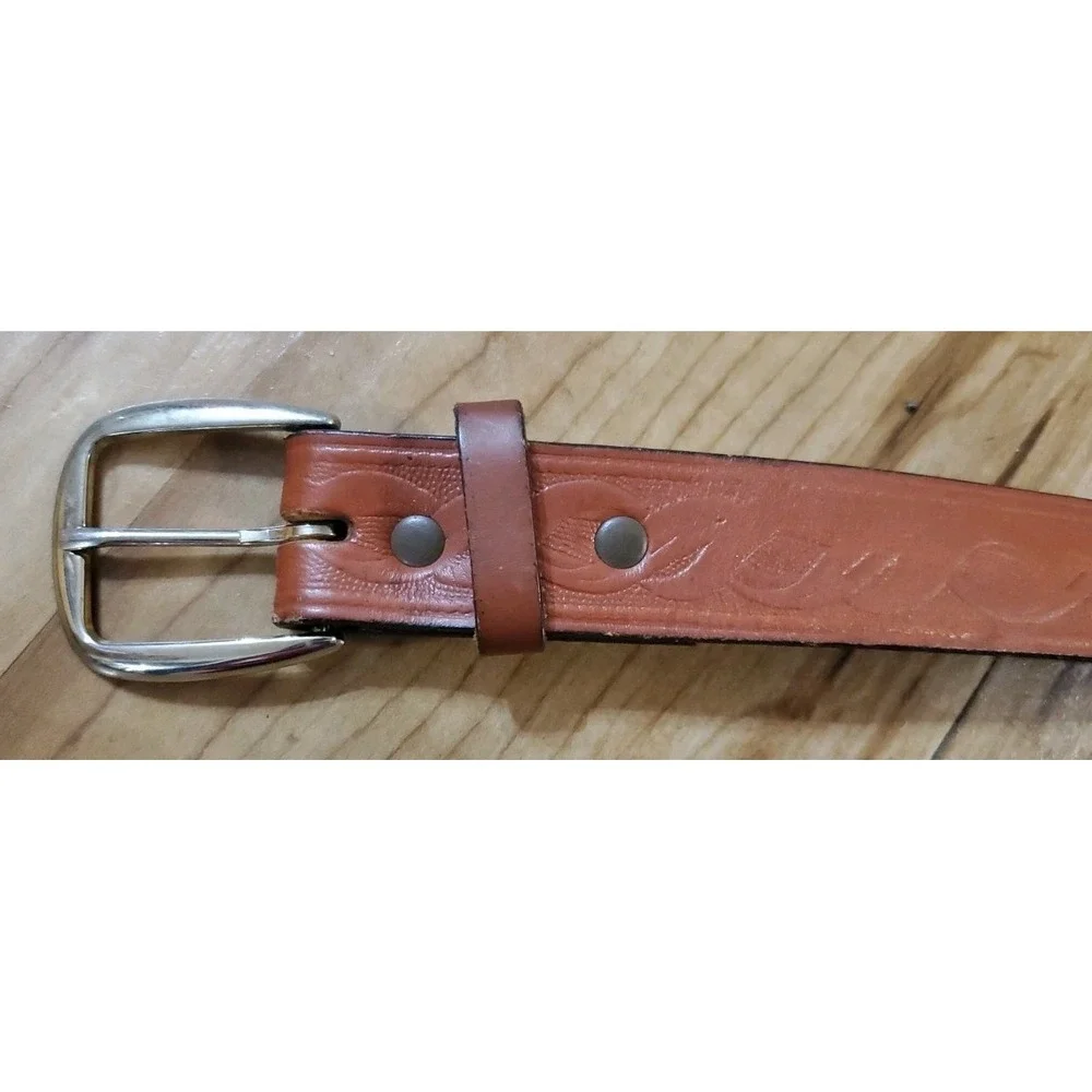 Vintage Genuine Leather Belt‎ USA Made Tooled Celtic Braided Pattern Tan Size L